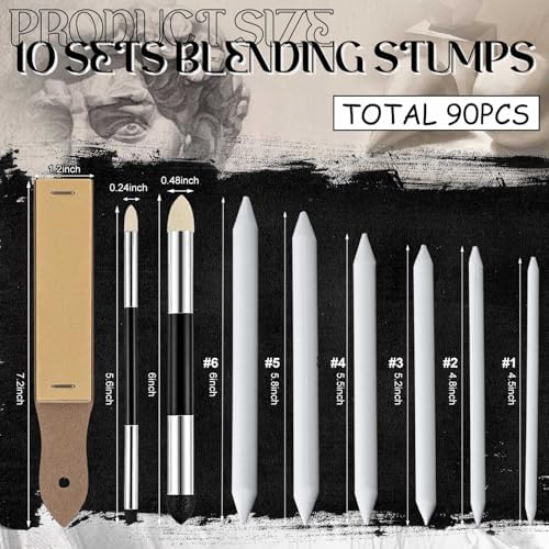 Fulmoon 90 Pcs Blending Stumps Tortillions Set Professional Drawing Tools Blending Sponge Pens Pencil Sharpener for Sketching, Charcoal Art Bulk Pack for Schools Artists