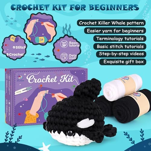 Crochetta Crochet Kit for Beginners, Crochet Starter Kit w Step-by-Step Video Tutorials, Beginner Crochet Kit for Adults Kids Women Men Complete Kit Included (Killer Whale)