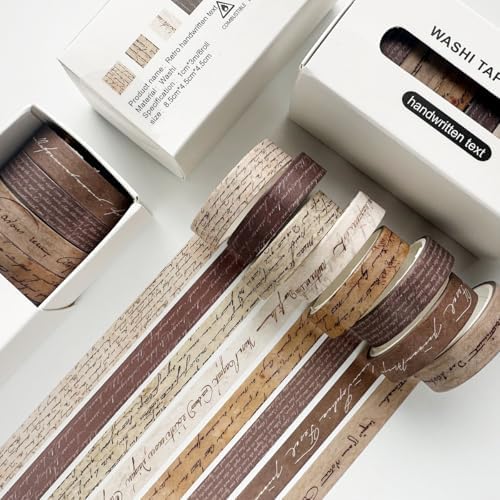 Vintage Washi Tape Set 8 Rolls Thin Retro Decorative Antique Patterns Masking Tapes for Arts, DIY Crafts, Journals, Planners, Scrapbook, Wrapping (Handwritten Text)