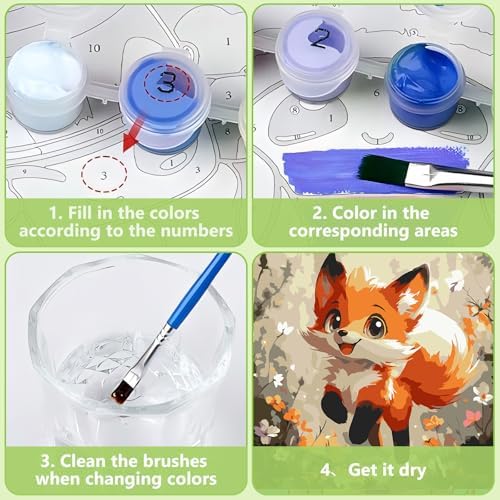 Reivworl Fox Paint by Numbers Kit for Kids with Frame 8×8 inch
