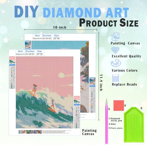 XUNLURY Pink Pastel Coastal Diamond Art Kits 2 Pcs, Summer Beach Umbrella Surfer Girls Diamond Painting Kits for Adults Beginners, Full Drill Diamonds Dots for Home Decor, 9.8x11.8 Inch