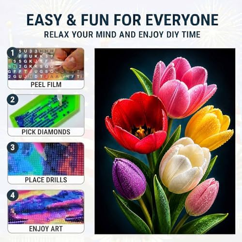 Tulips Diamond Art Kits for Adults,Colorful Flower Bouquet Diamond Painting