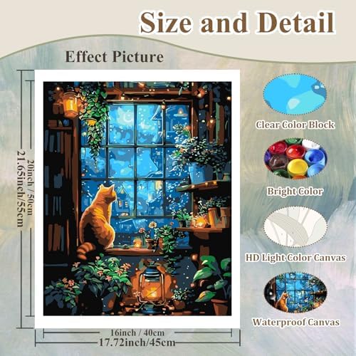 Night Paint by Numbers Kit for Adults, Adult Paint by Number Cat 16x20 Inch