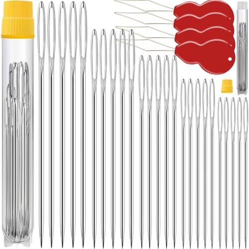 75 Pack Premium Large Eye Needles for Hand Sewing with 4 Needle Threaders, Assorted Sizes, Embroidery Needles for Hand Sewing, Sewing Needles Large Eye, Big Eye Needle