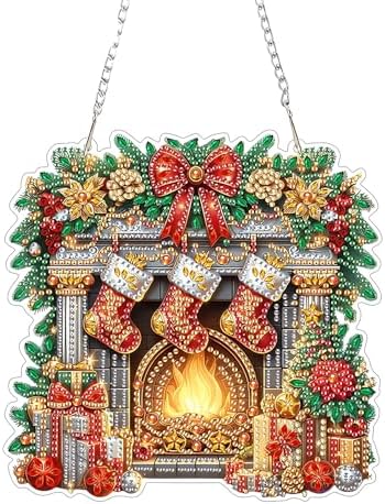 EIBEILI Diamond Art Painting Kits Special Shaped Rhinestone 5D Diamond Art Window Pendants Home Garden Wall Hanging Kits Hanging Ornament，Double Sided（Christmas Fireplace ）