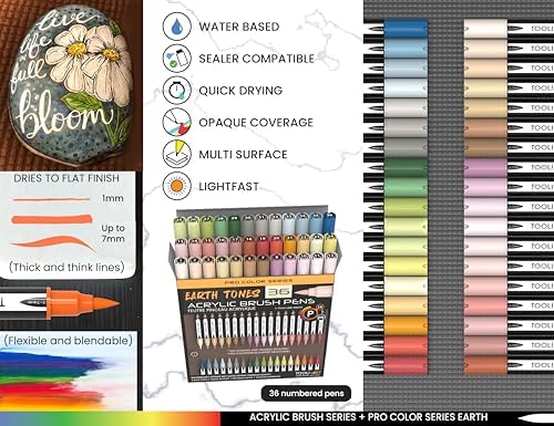 TOOLI-ART 36 Flexible Brush Tip Earth Tones Acrylic Paint Pens Markers Set 1-7mm Line for Rock Painting, Glass, Mugs, Wood, Metal, Canvas, Plastic. Non Toxic Waterbased Quick Drying