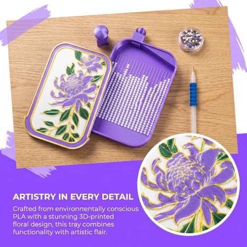RaySoar 3D Printed Diamond Art Trays with Lids, High Edge Anti-Spill Rhinestone Tray with Exquisite Pattern for Diamond Art Accessories - Purple