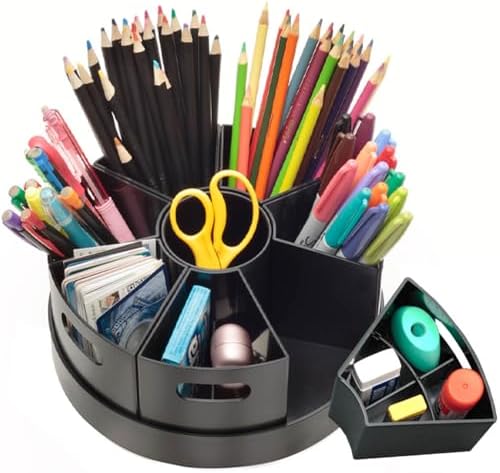 Black Rotating Desk Organizer with Dividers Lazy Susan Caddies for Home School Office Supplies, Pens, Markers and Art Supplies for Classroom