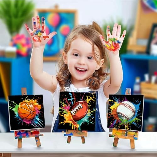 bleihum 4 Pack Paint by Numbers Kit for Kids with Frame Wooden Easel 8x8In | Easy Paint by Number Kids Sports, DIY Acrylic Oil Football Painting by Numbers for Home Wall Decor