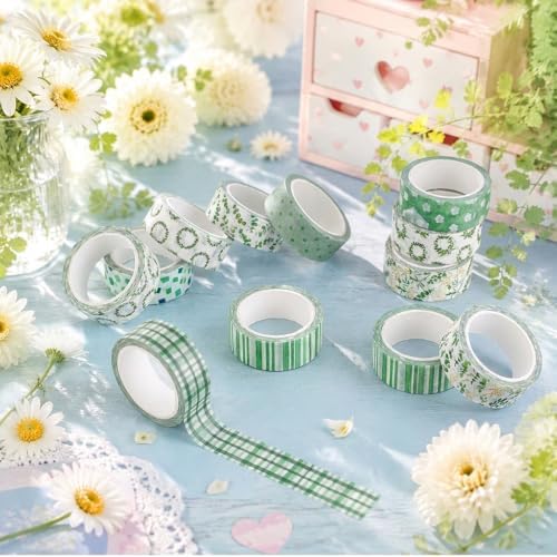 12 Rolls Floral Washi Tape Set, Green Watercolor Flowers Design for for Journaling, Scrapbooking, DIY Craft, Planners, Gift Wrapping, Back to School Art Supplies