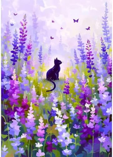 VeGuude Black Cat Diamond Art Kits for Adults,Lavender 5D DIY Full Round Drill Diamond Painting Kit,Landscape Scenery Diamond Art Gem Painting for Gift Home Wall Decor (12x16 inch)