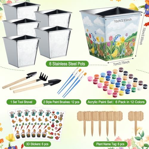 6 Sets Garden Flower Pots Crafts Kit DIY Metal Iron Plant Pots Acrylic Paint Stickers Brushes Plant Labels Gardening Tool Kit for Planting Crafts Mother's Day Graduation Creative Gift