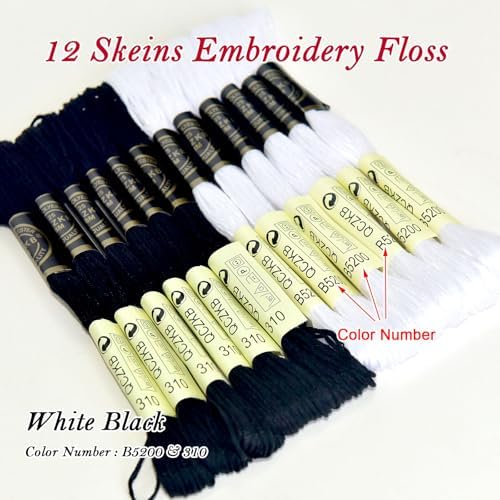 Premium Rainbow Color Embroidery Floss - Cross Stitch Threads - Friendship Bracelets Floss - Crafts Floss - 12 Skeins Per Pack Embroidery Floss,White Black