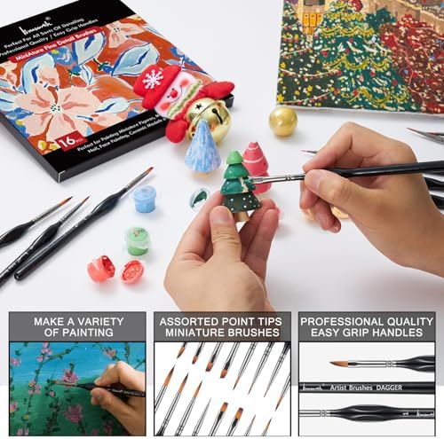 Brusarth Detail Paint Brushes, Miniature Paint Brushes Set, 16 pcs | Model Brushes Micro Detail Paint Brush Set,Fine Detailing for Acrylics,Oils,Watercolors & Paint by Number,Figurine