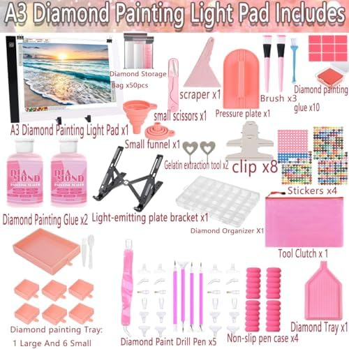 XEUZK All-Inclusive Diamond Art Accessories Kit with A3 DiamondPainting Light Pad Kit, Light Board for Painting Accessories, Bead Organizers & 5D Painting Tools Set for Full Drill & Partial Drill Art