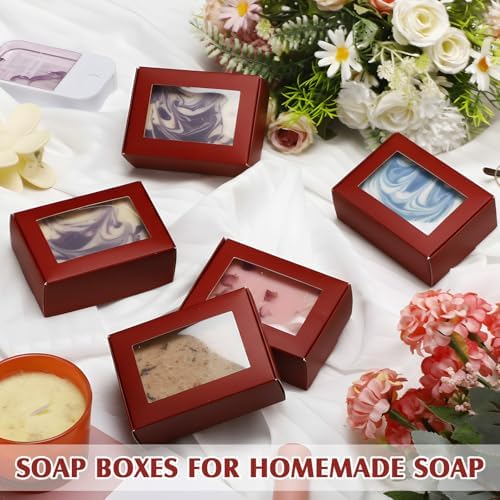 Zonon 60 Pcs Soap Boxes for Homemade Packaging, Mini Kraft Boxes with Window for Bakery Candy Soap Making Gift Packaging, 3.7x2.6x1.4 Inch (Burgundy)