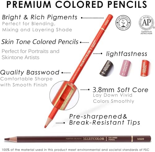 MARTCOLOR 24 Colors Skin Tone Colored Pencils for Portraits | Oil Color Pencils for Drawing, Sketching, Adult Coloring, Shading & Blending, Artist Pencils for Beginners, Artists