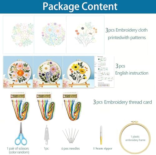 FEIYUENO 3 Sets Flowers Embroidery Kit for Beginner Adults (Sunflower)