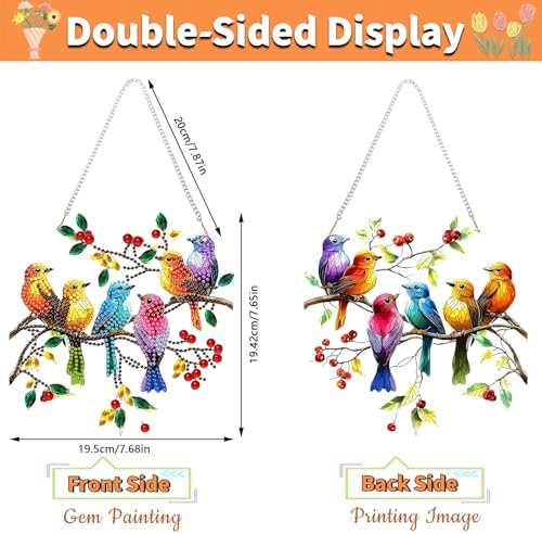 Spring Birds Diamond Painting Kits for Adults, DIY Pendant Diamond Art Kits for Beginners, 5D Special Shape Full Drill Hanging Diamond Gem Art Painting Kits for Window Suncatchers for Home Wall Decor