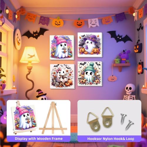 4 Pack Ghost Paint by Number for Kids with Wooden Frame - Wooden Easel