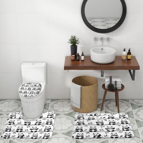Abstract Kawii Baby Panda Shower Curtain Sets 4 Piece,Cartoon Spring Forest Bamboo Trees Bathroom Decor Sets with Rugs,Cute Animal Panda Bears Waterproof Toilet Lid Cover Bath Mat