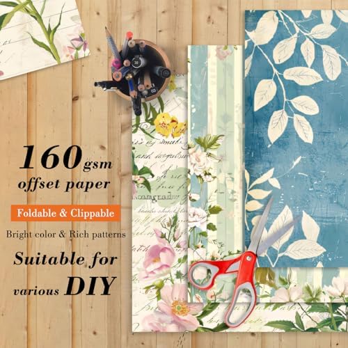 Floral Patterned Scrapbook Paper Pad - 24 Sheets 6x6 in Plant Designed Decorative Decoupage Folded Card Material Gift Wrapping Planners Junk Journal Supplies DIY Crafts Photo Album