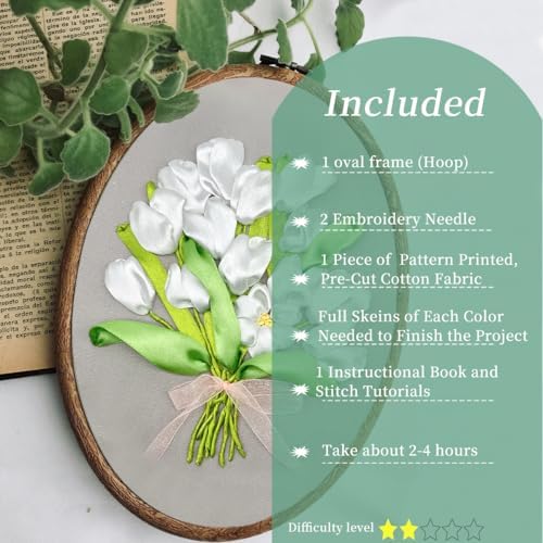 FONNUY Ribbon Embroidery 3D Flowers Pattern Design Kit Embroidery DIY Handwork Set Oval Home Decoration (White Tulip)