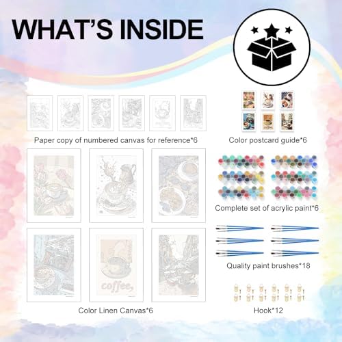 Yezavesu 6 Pack Paint by Numbers Kit for Adults Beginner Coffee, 8x12 Inch | Coffee Lovers DIY Acrylic Painting by Numbers, Without Frame Canvas, Stress Relief Craft Kits, For Home Wall Decor Gift