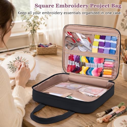 Puffy Embroidery Project Bag, Quilted Embroidery Floss Organizer for Hoops up to 11", Cross Stitch Project Storage Case for Needlepoint Project, Thread & Stitch Tools