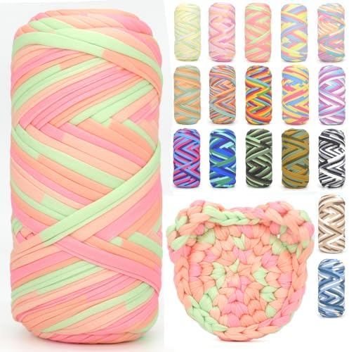 Tshirt Yarn for Crocheting,Rainbow T Shirt Chunky Elastic Fabric Thick T-Shirt Crochet Yarn for Beginners Crocheting Hand Knitting Bag/Basket/Coasters/DIY Crafts/Home Decor 200G-Pink Green