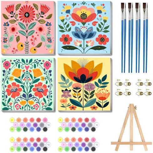4 Pack Framed Floral Paint by Numbers Kits for Adults with Easel (8x8in)