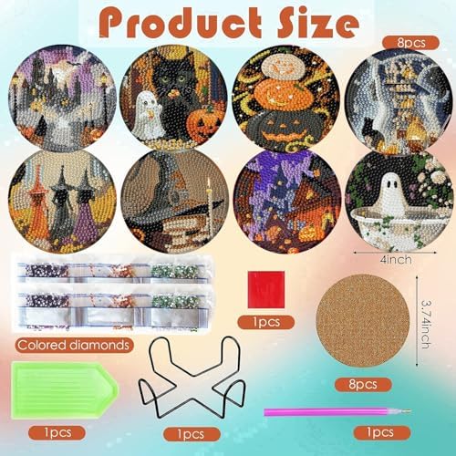 ijbnhd 8 Pcs Halloween Diamond Art Coasters Kits (Cork Wooden Pad)