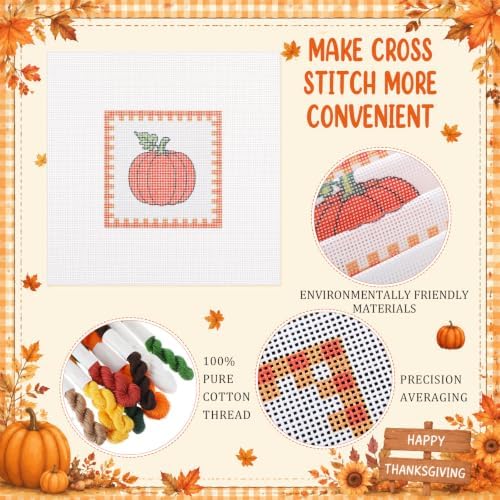 Irenare 3 Sets Fall Needlepoint Kit for Beginners Embroidery Cross Stitch Kit for Adults Pre-Pumpkin Acorn Maple Leaf Printed Canvas with Thread Needle Instruction Tape Scissors for DIY Crafts Gift