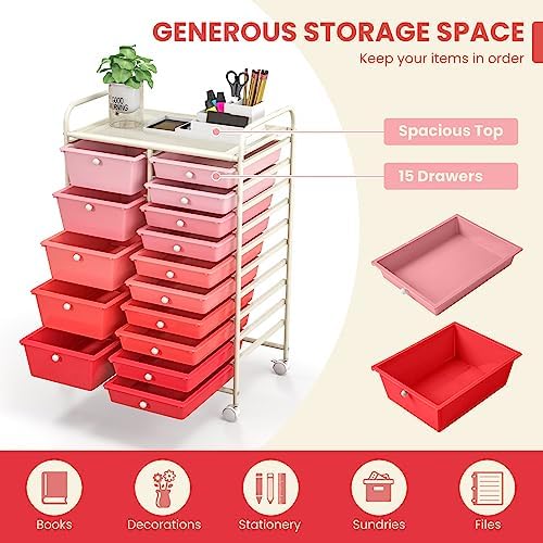 GOFLAME 15-Drawer Rolling Storage Cart, Craft Storage Cart with Removable Drawers & Lockable Wheels, Art Cart Supply Storage Organizer for Home Office Classroom, Pink Gradient