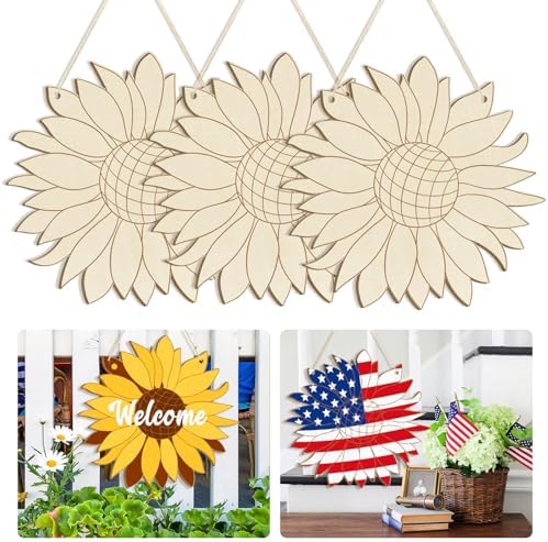 Large Size 12" Wooden Spring Ornaments to Paint, Flower Wooden DIY Blank Unfinished Round Wood Discs Ornament for Crafts Hanging Decorations(3PCS)
