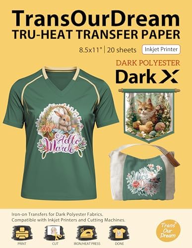 TransOurDream Heat Transfer Paper for Dark Polyester Fabrics (Dark X, 8.5"x11", 20 Sheets) Printable Iron on Heat Transfer Vinyl for Inkjet Printer