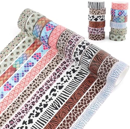12 Rolls Leopard Animal Print Washi Tape Set,Cute Animal Pattern Decorative Tape,Cheetah Cows Zebra Peacock Decorative Masking Tapes for DIY Scrapbook Journaling Handbook Making Card Wrap Craft Gift