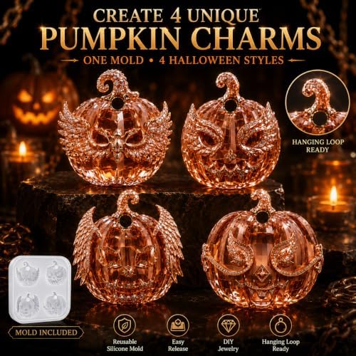 Gothic Wing Jack O Lantern Silicone Resin Mold with Pre-Made Hanging Hole, 4 Cavity Faceted Pumpkin Pendant Epoxy Mold, DIY Jewelry Charm Casting Supplies for Halloween & Christmas Crafts (NG01)