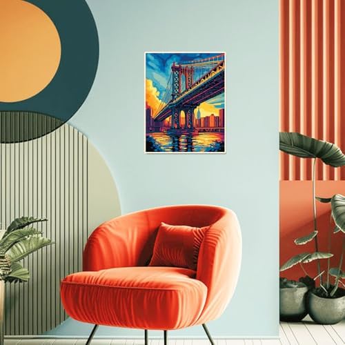 Manhattan Bridge Paint by Numbers Kit for Adults Beginner Sunset Oil Painting Kit Adult Paint by Number Kits on Canvas DIY Painting for Beginners Art by Numbers for Gifts Home Wall Decor 16x20 Inch﻿
