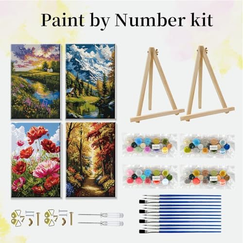 JOOZ 4 Pack Paint by Numbers Kit for Adults with Frame Landscape Paint by Number with Easel DIY Flowers Oil Painting Kits for Home Wall Decor 8x12 Inch