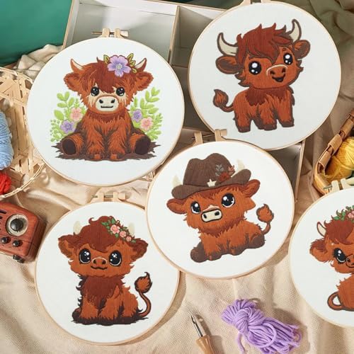 Kuabiz 5 Sets Highland Cow Embroidery Kits for Beginners Cross Stitch Kit for Adults Highland Cow Pattern Embroidery Starter Kit Embroiderys Hoop Needlepoint Kits with Instruction Needles Threads