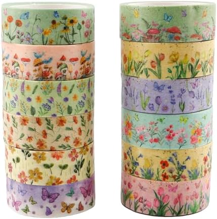 12 Rolls Colorful Floral Washi Tape,Vintage Washi Tape,Stickers for Journaling,Decorative Tapes for Crafts Card Notebook Scrapbook Journal Photo Album Gift Wrapping Supplies