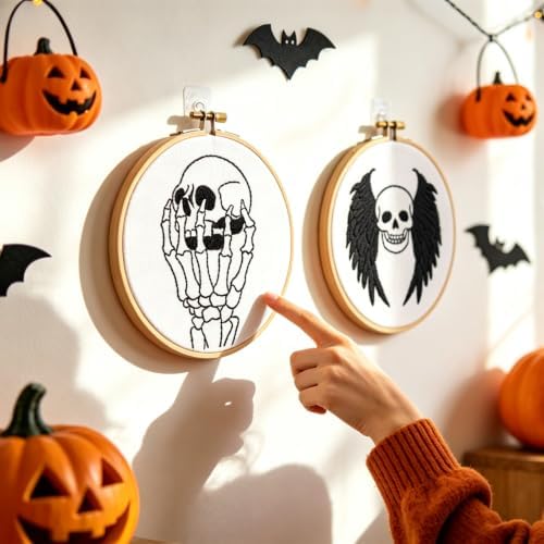Skull Halloween Embroidery Kits for Beginners Adults, Gothic Embroidery Sets Needlepoint Kits, Halloween Stamped Cross Stitch Kits for Beginners Adults, 2 Embroidery Hoops (Attached Video Tutorial)