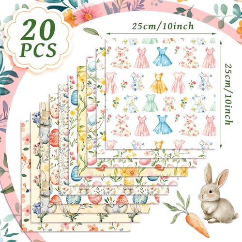 HunnmingRe 20 Pcs 10''x10'' Vintage Easter Quilting Fabric Square Bundle Pastel Bunny Tulips Precuts Quiltted Fabric Boho Flower Printed Patchwork Supplies for Patchwork DIY Sewing Craft