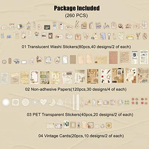 Esweny 260PCS Vintage Journaling Scrapbooking Supplies Scrapbook Sticker Paper Ephemera Pack for Junk Journal Planners Collage Craft Notebooks Album (Pen Ink and Letter)