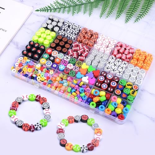 BBita 1000PCS Polymer Clay Beads Bracelet Making kit, 24 Style Cute Fun Beads Sports Ball Volleyball Softball Baseball Basketball Soccer Rugby Football Charms for Jewelry Making DIY for Women Girls