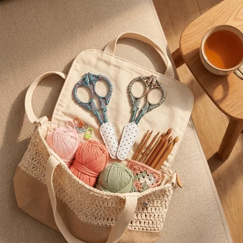 Crochet Scissors with Cover 2 Pack – Vintage Small Embroidery Scissors Set, Sharp Craft Scissors for Yarn Thread Sewing Needlework, Rainbow & Green Bronze Bird Gift for Crocheter, 4.6 Inch