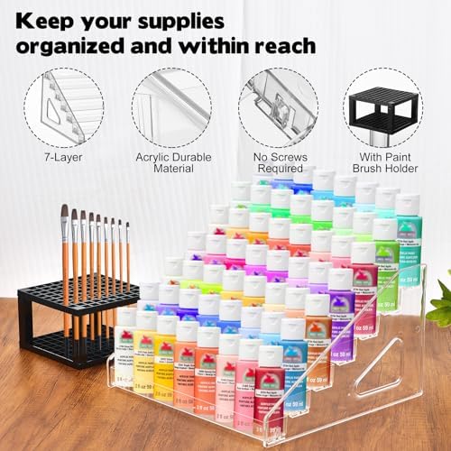 YEXEXINM 2 Pcs Clear Paint Organizer With Paint Brush Holder,7 Layers Acrylic Paint Organizer,Paint Storage Rack,Craft Paint Organizer Rack,Miniature Paint Holder for Paint Storage