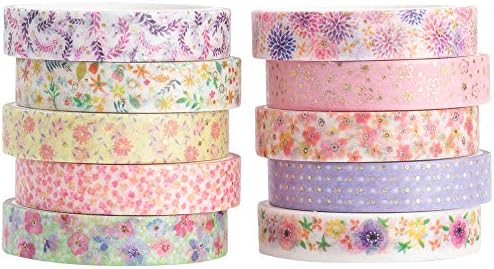 YUBBAEX 10 Rolls Sparkling Washi Tape Set 8mm Skinny Gold Foil Decorative Masking Washi Tapes for Journal,Scrapbook, Planner, DIY Crafts (Beautiful Flowers)