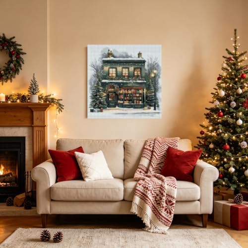 KYOQFVN Christmas House Cross Stitch Kit, 11CT Pre-Printed Stamped Cross Stitch Kits for Beginners, Easy Needlepoint Embroidery Counted Crosstitch Art Craft for Wall Decoration 14x14inch